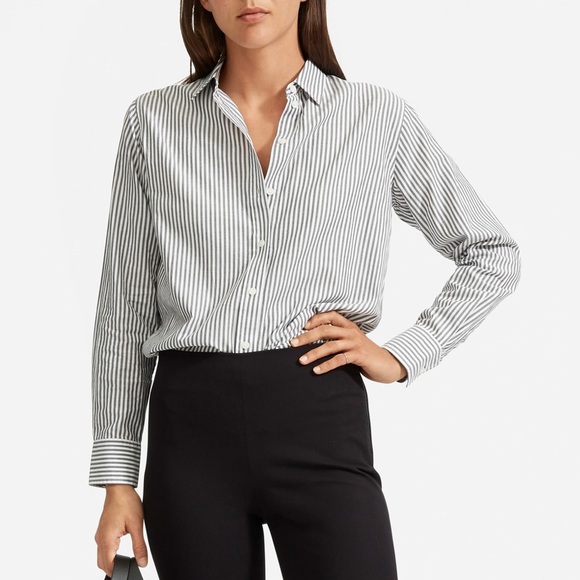Everlane Tops - EVERLANE VERTICAL STRIPED 100% SILK BUTTON UP BLOUSE GRAY WHITE SIZE 2